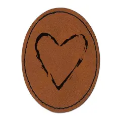 Heart Love Sketch Outline Round Iron-On Engraved Faux Leather Patch Applique - 2.5" Brown