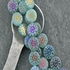 *8* 14mm Aqua Opaline Satin Sliperit Laser Tattoo Sun Coin Beads
