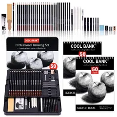 52 Piece Professional Drawing Set with 2 x 50 Page Drawing Pad, Art Supplies, Graphite Drawing Pencils and Sketch Set, Artist Sketching Tools in Tin Box Includes Charcoals,Pastels and Sharpener
