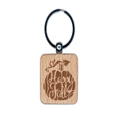 Happy Fall Autumn Harvest Pumpkin with Vine Engraved Wood Square Keychain Tag Charm
