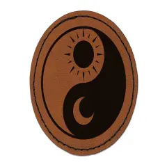 Sun Moon Yin Yang Night Day Round Iron-On Engraved Faux Leather Patch Applique - 2.5" Brown