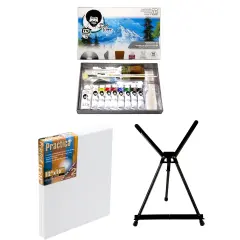 Bob Ross Master Artist Oil Paint Set Bundle with Aluminum Table Easel & 2-Pack 12x16 Stretched Canvas for Painting (3 Items) Assorted
