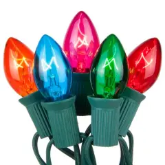 C7 Multi: Red, Blue, Amber, Green, Pink Transparent Steady 25 Set, Green Wire Multicolor