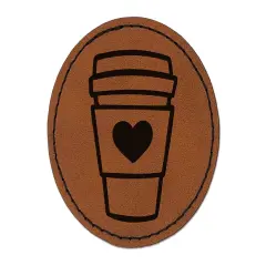 Cute Coffee Lover Traveling Mug Cup Tea Hot Chocolate Round Iron-On Engraved Faux Leather Patch Applique - 2.5" Brown