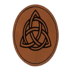 Celtic Triquetra Knot Outline Round Iron-On Engraved Faux Leather Patch Applique - 2.5" Brown