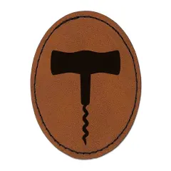 Wine Bottle Cork Corkscrew Round Iron-On Engraved Faux Leather Patch Applique - 2.5" Brown