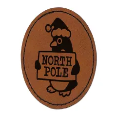 Christmas Penguin Going to North Pole Round Iron-On Engraved Faux Leather Patch Applique - 2.5" Brown