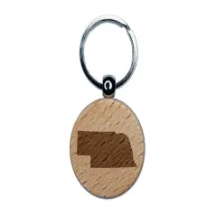 Nebraska State Silhouette Engraved Wood Round Keychain Tag Charm