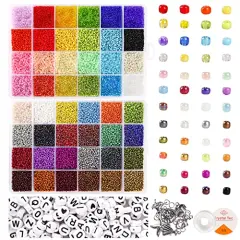 35000 pieces 2mm Glass Seed Beads for Jewelry Making Kit, 250pcs Alphabet Letter Beads, Tiny Beads Set for Bracelets Making, DIY, Art and Craft with Rolls of Elastic String Cord, Charms and Rings