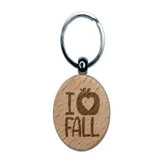 I Heart Love Pumpkin Fall Engraved Wood Round Keychain Tag Charm