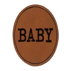 Baby Fun Text Round Iron-On Engraved Faux Leather Patch Applique - 2.5" Brown