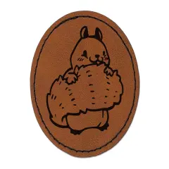 Shy Squirrel Hiding Behind Tail Round Iron-On Engraved Faux Leather Patch Applique - 2.5" Brown