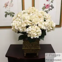 Set of 2: Beige Hydrangea Flower Bushes | 20-Inch | 7 Lifelike Silk Blooms & Foliage | UV Resistant | Indoor/Outdoor Use | Spring & Summer Bushes | Home & Office Decor