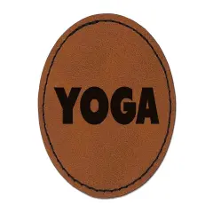 Yoga Bold Text Round Iron-On Engraved Faux Leather Patch Applique - 2.5" Brown