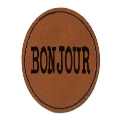 Bonjour Hello Fun Text Round Iron-On Engraved Faux Leather Patch Applique - 2.5" Brown