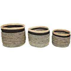 Northlight Set of 3 Tan and Black Striped Seagrass Storage Baskets with Braided Trim 17" Brown