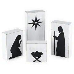 Ornativity Wooden Block Nativity Scene - Black Silhouette Christmas Figures on White Painted Wood Blocks Indoor Nativity Table Top Set Decorations - 1 Set