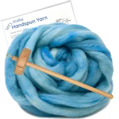 LEARN TO SPIN - Beginner's Spinning Kit with Hand Dyed BFL Roving, Drop Spindle & Printed Instructions w/ Video. Many Colors. Baby Blue