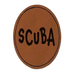 Scuba Diving Diver Fun Text Round Iron-On Engraved Faux Leather Patch Applique - 2.5" Brown