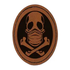 Skull Wearing Mask Round Iron-On Engraved Faux Leather Patch Applique - 2.5" Brown