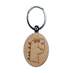 Silly Dinosaur Head Doodle Engraved Wood Round Keychain Tag Charm