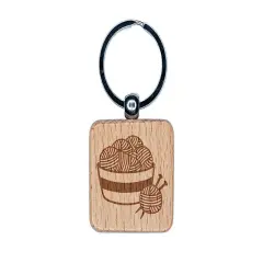 Basket of Yarn Knitting Engraved Wood Square Keychain Tag Charm