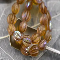 *12* 10mm Metallic Brown Washed Matte Amber AB Faceted Round Melon Beads