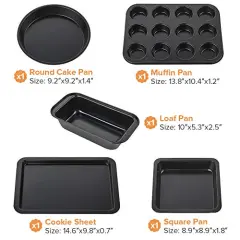 5 Pieces Nonstick Bakeware Set, Bakeware Include Cookie Sheet, Loaf Pan, Square Pan, Round Cake Pan, 12 Cups Muffin Pan