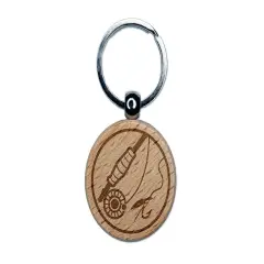 Fly Fishing Rod Reel and Lure Bait Engraved Wood Round Keychain Tag Charm