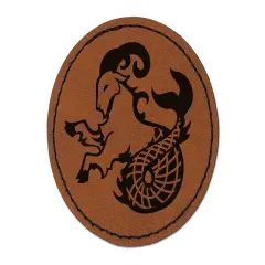 Capricorn Sea Goat Mythical Creature Round Iron-On Engraved Faux Leather Patch Applique - 2.5" Brown