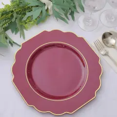 10 Pcs 12" Disposable Baroque Plastic Dinner Plates with Gold Rim Burgundy w/gold