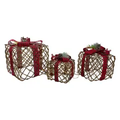 Northlight Lighted Rattan Christmas Gift Boxes with Pinecones - LED Warm White - Set of 3 Brown