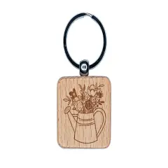 Watering Can Bouquet of Flowers Engraved Wood Square Keychain Tag Charm