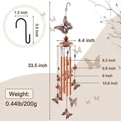 Wind Chimes Outdoor Clearance, Butterflies Aluminum Tube Windchime with S Hook,Patio Garden Decor, Housewarming Gift.