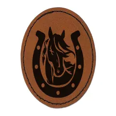 Horse in Horseshoe Round Iron-On Engraved Faux Leather Patch Applique - 2.5" Brown