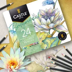Themed 24 Colored Pencil Set in Tin Box, perfect colors for &lsquo;Botanical&rsquo; Art. Featuring quality, smooth colored cores, superior blending & layering performance for great results