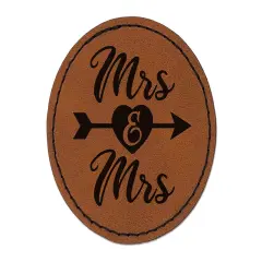 Mrs and Mrs Heart and Arrow Wedding Round Iron-On Engraved Faux Leather Patch Applique - 2.5" Brown
