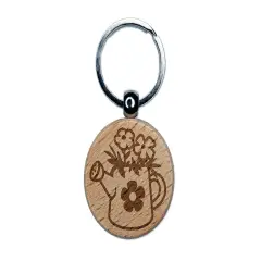 Cute Watering Can with Flowers Engraved Wood Round Keychain Tag Charm
