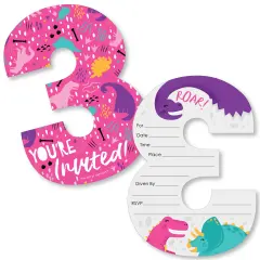 Big Dot of Happiness 3rd Birthday Roar Dinosaur Girl - Shaped Fill-In Three Rex Dino Third Birthday Party Invitation Cards with Envelopes - 12 Ct