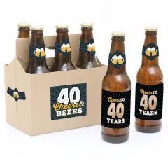 Big Dot of Happiness Cheers and Beers to 40 Years - 40th Birthday Party Decorations for Women and Men - 6 Beer Bottle Label Stickers and 1 Carrier