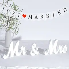 Wedding Decorations Set,Large Mr and Mrs Sign & Just Married Banner,Mr & Mrs Signs for Wedding Table,Wooden Letters Sweetheart Table,Photo Props Wedding Decorations for Anniversary,White