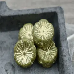 *10* 14mm Gold Washed Etched Olive Green Hawaiian Flower Beads