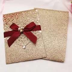 25 Pieces Gold Glitter Laser Cut Invitations with RSVP Cards and Envelopes Luxury Diamond and Ribbon Design with 250GSM Pearl Paper Insert for Wedding Engagement Birthday Quinceanera Invite