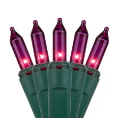 100 Purple Mini Lights, Green Wire, 6" Spacing