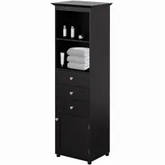 Tall Freestanding Storage Organizer Linen Tower, Vanity Closet, Bathroom Cabinet with 2 Open shelves, 3 Drawers, and a Closet Black
