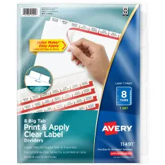 Avery 8 Big Tab Dividers for 3 Ring Binder, Easy Print & Apply Clear Label Strip, Index Maker Customizable White Tabs, 1 Set (11491)