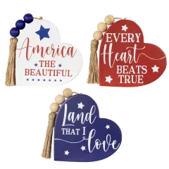 Northlight Patriotic Hearts with Beaded Tassels Wooden Signs - 3.75" - Set of 3 Red