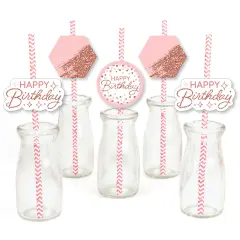 Big Dot of Happiness Pink Rose Gold Birthday - Paper Straw Decor - Happy Birthday Party Striped Decorative Straws - Set of 24