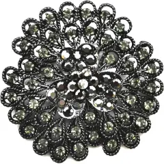 Belagio Rhinestone Brooch, 2.5" Diameter, 1 Piece, Peacock Fan, Black/Metal Gray