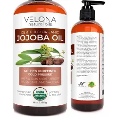 Velona Jojoba Oil USDA Certified Organic - 8 oz | 100% Pure and Natural Carrier Oil| Golden, Unrefined, Cold Pressed, Hexane Free | Moisturizing Face, Hair, Body, Skin Care, Stretch Marks, Cuticles | Use Today - Enjoy Results